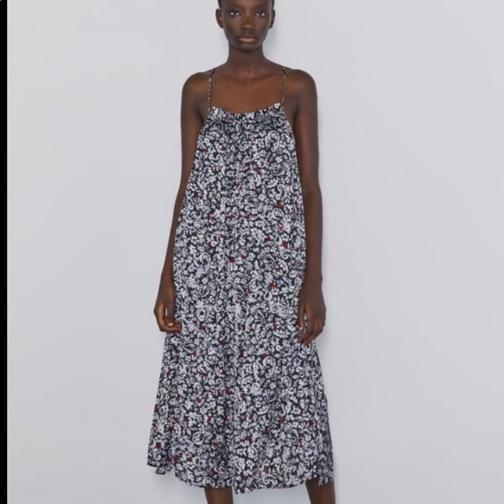 ZARA Black Floral Backless Midi Dress with Red Accents